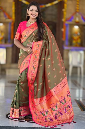 green  faux banarasi silk blend saree with paithani rich weaved pallu and blouse