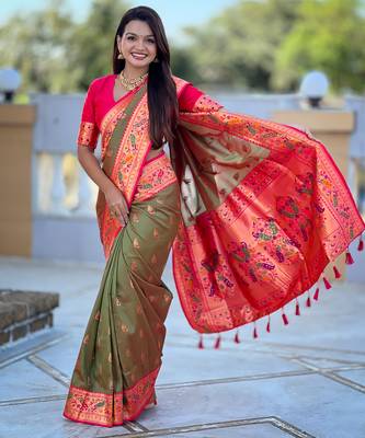 green faux banarasi silk blend saree with paithani rich weaved pallu and blouse 2