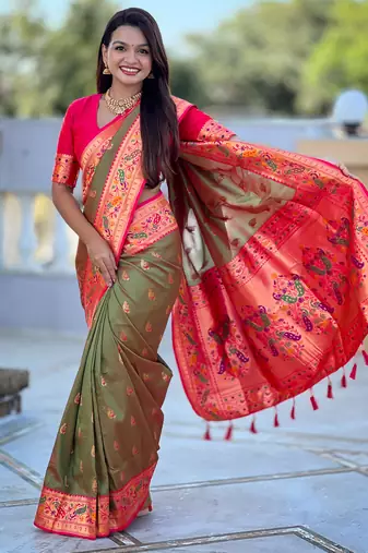 green faux banarasi silk blend saree with paithani rich weaved pallu and blouse