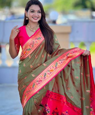 green faux banarasi silk blend saree with paithani rich weaved pallu and blouse 3
