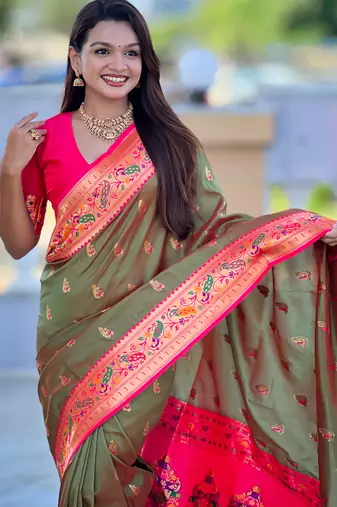 green faux banarasi silk blend saree with paithani rich weaved pallu and blouse