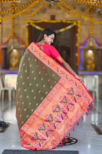 green faux banarasi silk blend saree with paithani rich weaved pallu and blouse