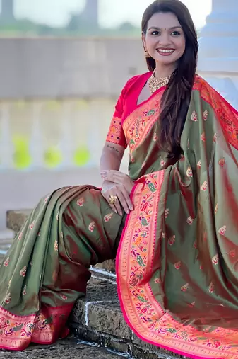 green faux banarasi silk blend saree with paithani rich weaved pallu and blouse