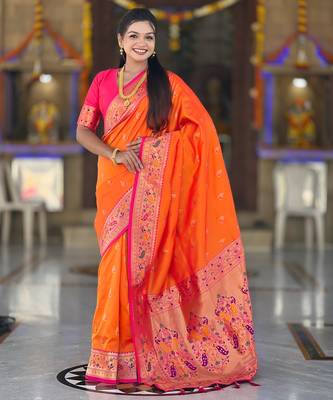 orange  faux banarasi silk blend saree with paithani rich weaved pallu and blouse 1