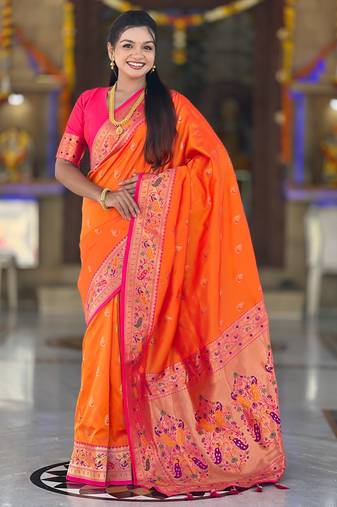 orange   faux banarasi silk blend saree with paithani rich weaved pallu and blouse