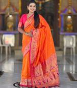 orange   faux banarasi silk blend saree with paithani rich weaved pallu and blouse