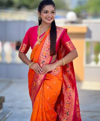 orange  faux banarasi silk blend saree with paithani rich weaved pallu and blouse 2