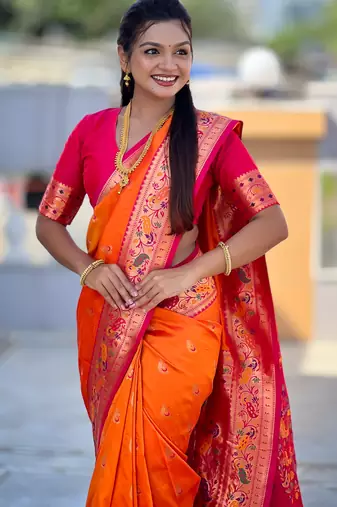 orange  faux banarasi silk blend saree with paithani rich weaved pallu and blouse