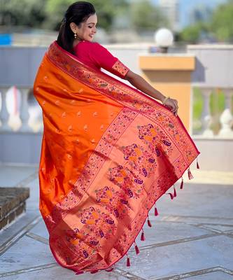 orange  faux banarasi silk blend saree with paithani rich weaved pallu and blouse 3