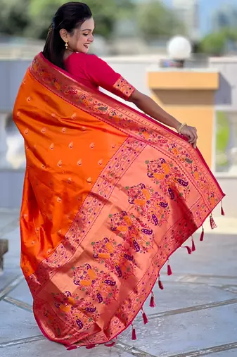 orange  faux banarasi silk blend saree with paithani rich weaved pallu and blouse
