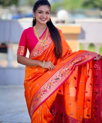 orange  faux banarasi silk blend saree with paithani rich weaved pallu and blouse 4
