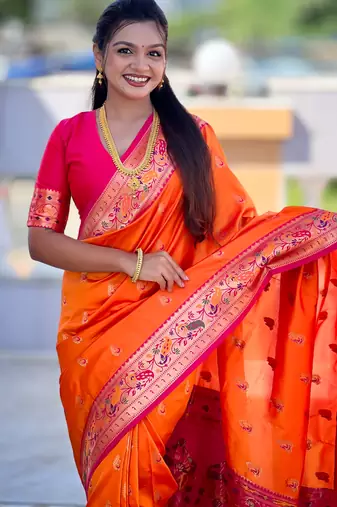 orange  faux banarasi silk blend saree with paithani rich weaved pallu and blouse