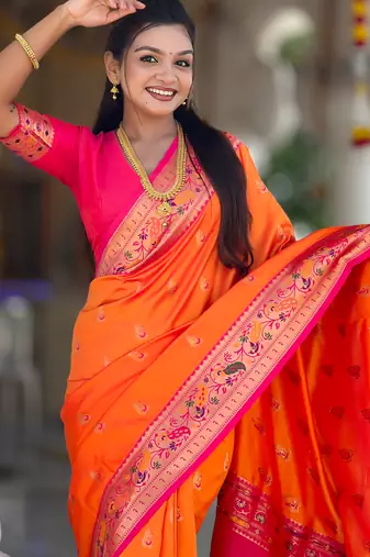 orange  faux banarasi silk blend saree with paithani rich weaved pallu and blouse
