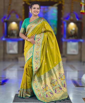 parrot green faux banarasi silk blend saree with paithani rich weaved pallu and blouse 1