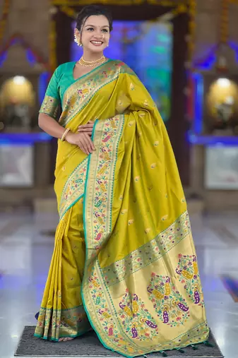 parrot green  faux banarasi silk blend saree with paithani rich weaved pallu and blouse