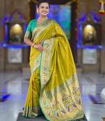 parrot green  faux banarasi silk blend saree with paithani rich weaved pallu and blouse