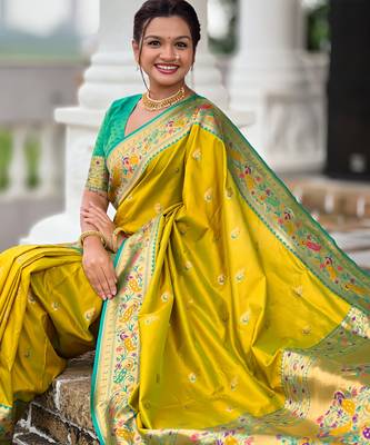 parrot green faux banarasi silk blend saree with paithani rich weaved pallu and blouse 2