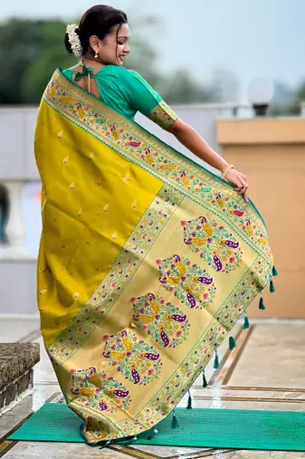 parrot green faux banarasi silk blend saree with paithani rich weaved pallu and blouse
