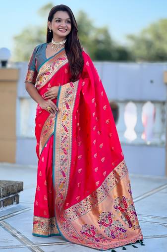 pink green  faux banarasi silk blend saree with paithani rich weaved pallu and blouse