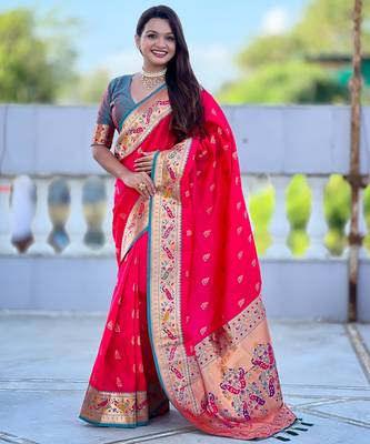 pink green faux banarasi silk blend saree with paithani rich weaved pallu and blouse 2