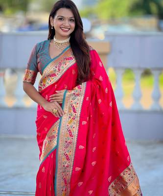 pink green faux banarasi silk blend saree with paithani rich weaved pallu and blouse 3