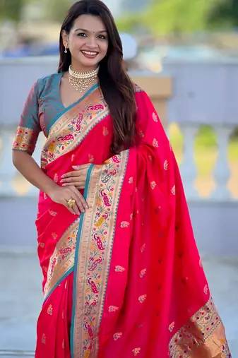 pink green faux banarasi silk blend saree with paithani rich weaved pallu and blouse