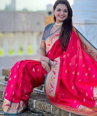 pink green faux banarasi silk blend saree with paithani rich weaved pallu and blouse 4