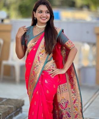 pink green faux banarasi silk blend saree with paithani rich weaved pallu and blouse 5