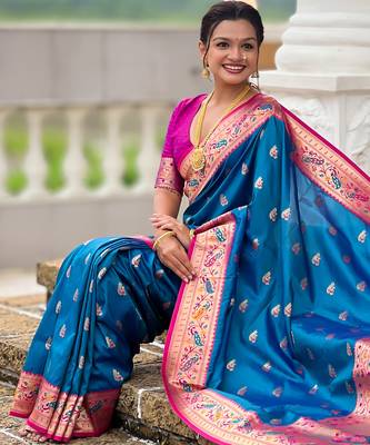 teal blue faux banarasi silk blend saree with paithani rich weaved pallu and blouse 1