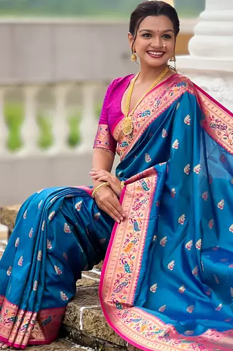 teal blue  faux banarasi silk blend saree with paithani rich weaved pallu and blouse