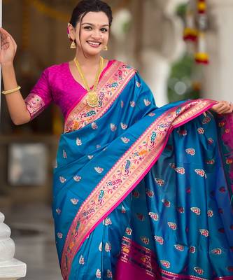 teal blue faux banarasi silk blend saree with paithani rich weaved pallu and blouse 2