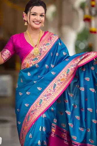 teal blue faux banarasi silk blend saree with paithani rich weaved pallu and blouse