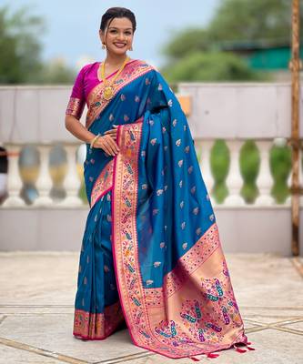 teal blue faux banarasi silk blend saree with paithani rich weaved pallu and blouse 4