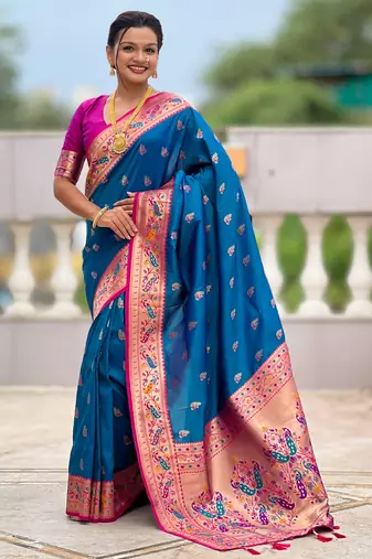 teal blue faux banarasi silk blend saree with paithani rich weaved pallu and blouse