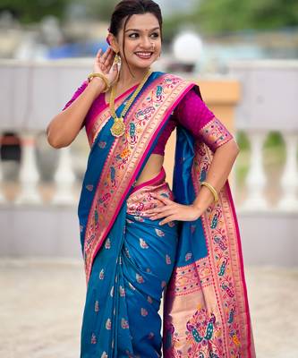 teal blue faux banarasi silk blend saree with paithani rich weaved pallu and blouse 5