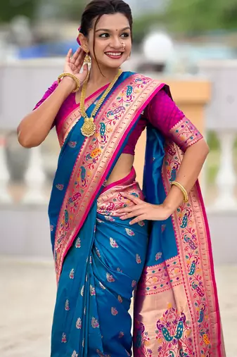 teal blue faux banarasi silk blend saree with paithani rich weaved pallu and blouse