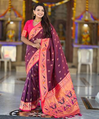wine faux banarasi silk blend saree with paithani rich weaved pallu and blouse 1