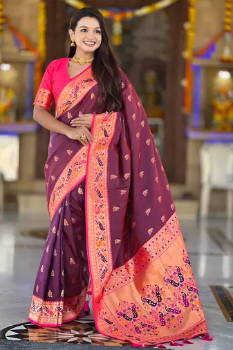 wine faux banarasi silk blend saree with paithani rich weaved pallu and blouse