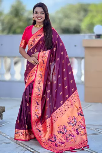 wine faux banarasi silk blend saree with paithani rich weaved pallu and blouse