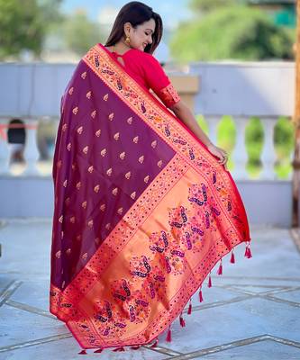 wine faux banarasi silk blend saree with paithani rich weaved pallu and blouse 3