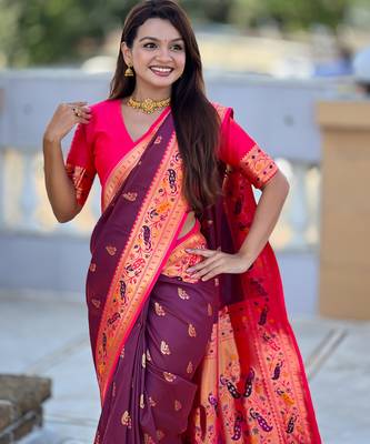 wine faux banarasi silk blend saree with paithani rich weaved pallu and blouse 4