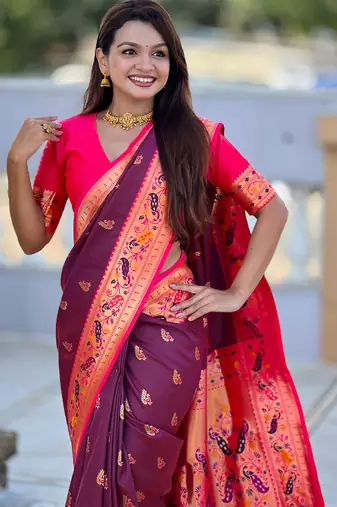 wine faux banarasi silk blend saree with paithani rich weaved pallu and blouse