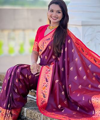 wine faux banarasi silk blend saree with paithani rich weaved pallu and blouse 5