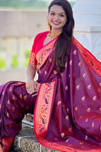 wine faux banarasi silk blend saree with paithani rich weaved pallu and blouse