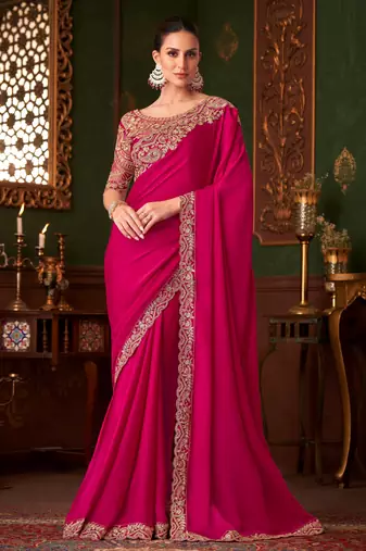 Pink shaded chiffon saree, lace border with heavy embroidered blouse for special occasions