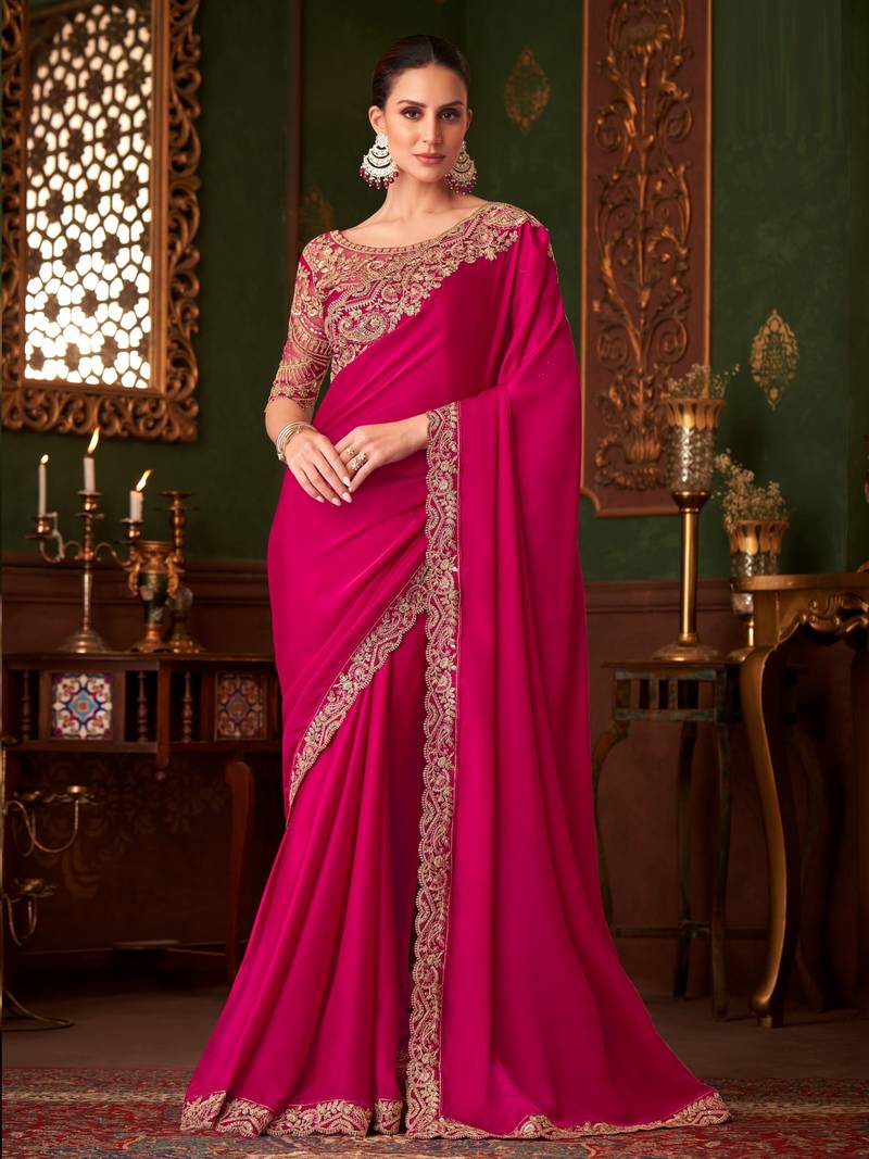 Pink shaded chiffon saree, lace border with heavy embroidered blouse for special occasions