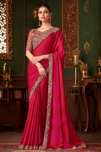 Pink shaded chiffon saree, lace border with heavy embroidered blouse for special occasions