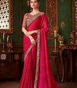 Pink shaded chiffon saree, lace border with heavy embroidered blouse for special occasions