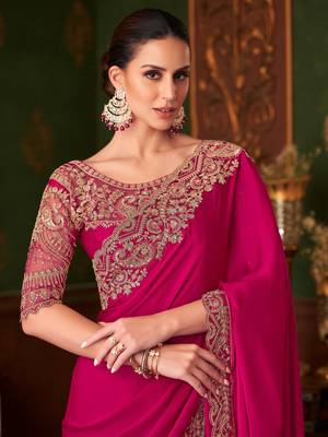 Pink shaded chiffon saree, lace border with heavy embroidered blouse for special occasions 2