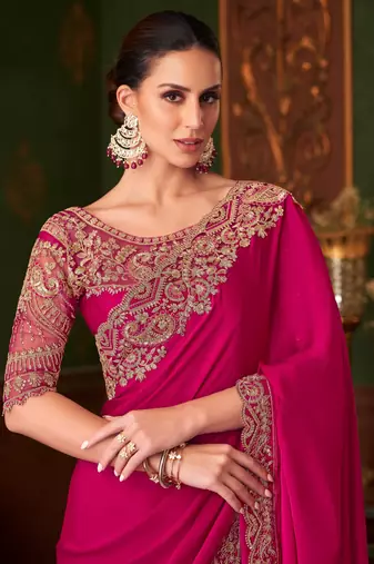 Pink shaded chiffon saree, lace border with heavy embroidered blouse for special occasions